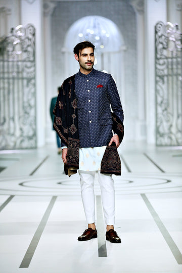 Blue Color Embroidered Prince Coat For Men